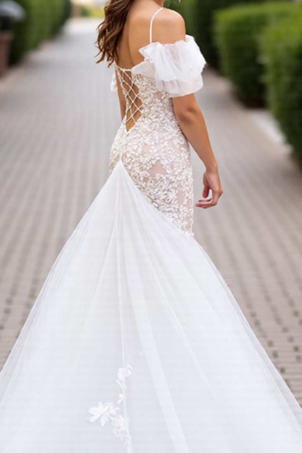 Cold Shoulder Ruffled Ivory Mermaid Lace Wedding Dress