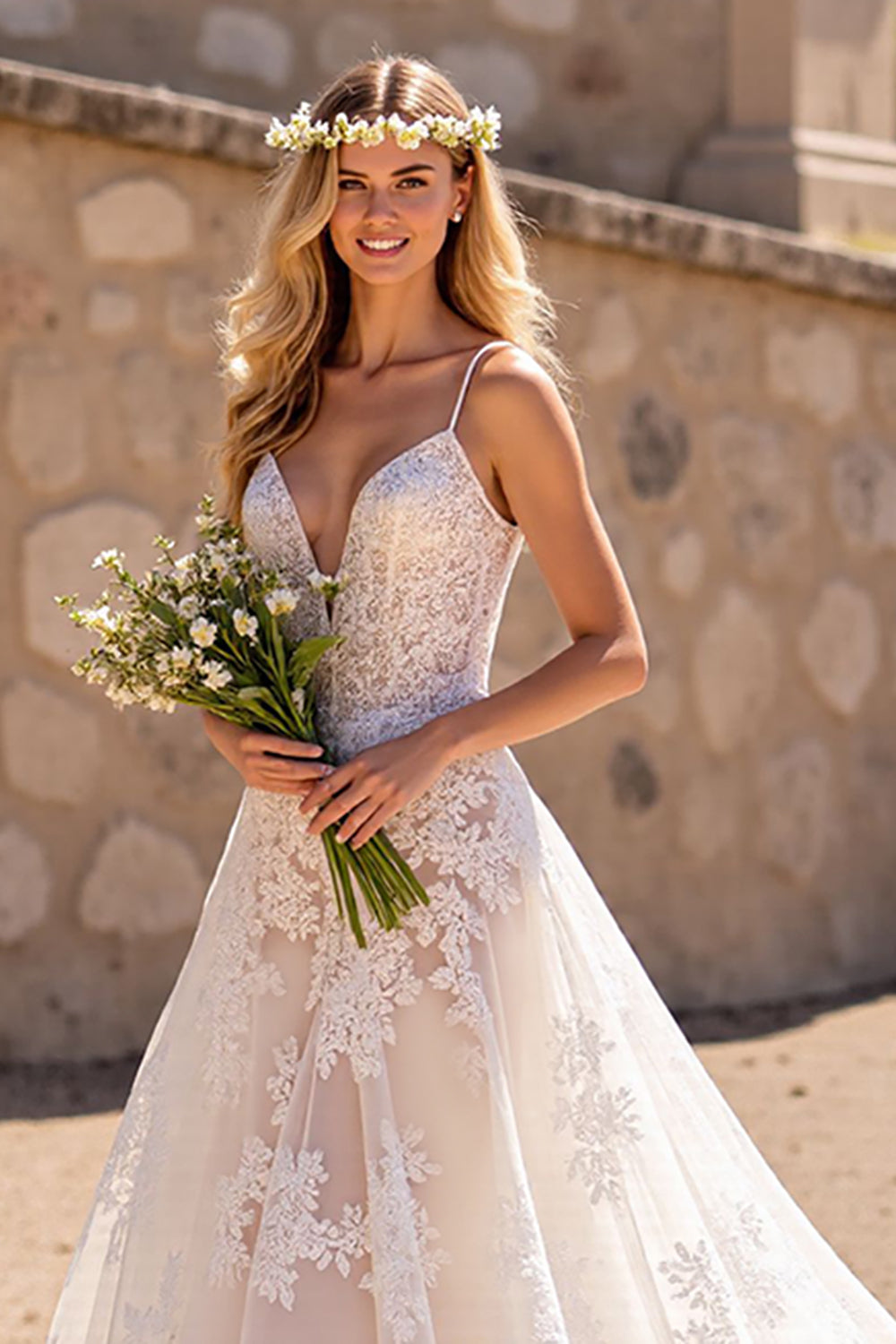 A Line Appliqued V Neck Ivory Lace Wedding Dress