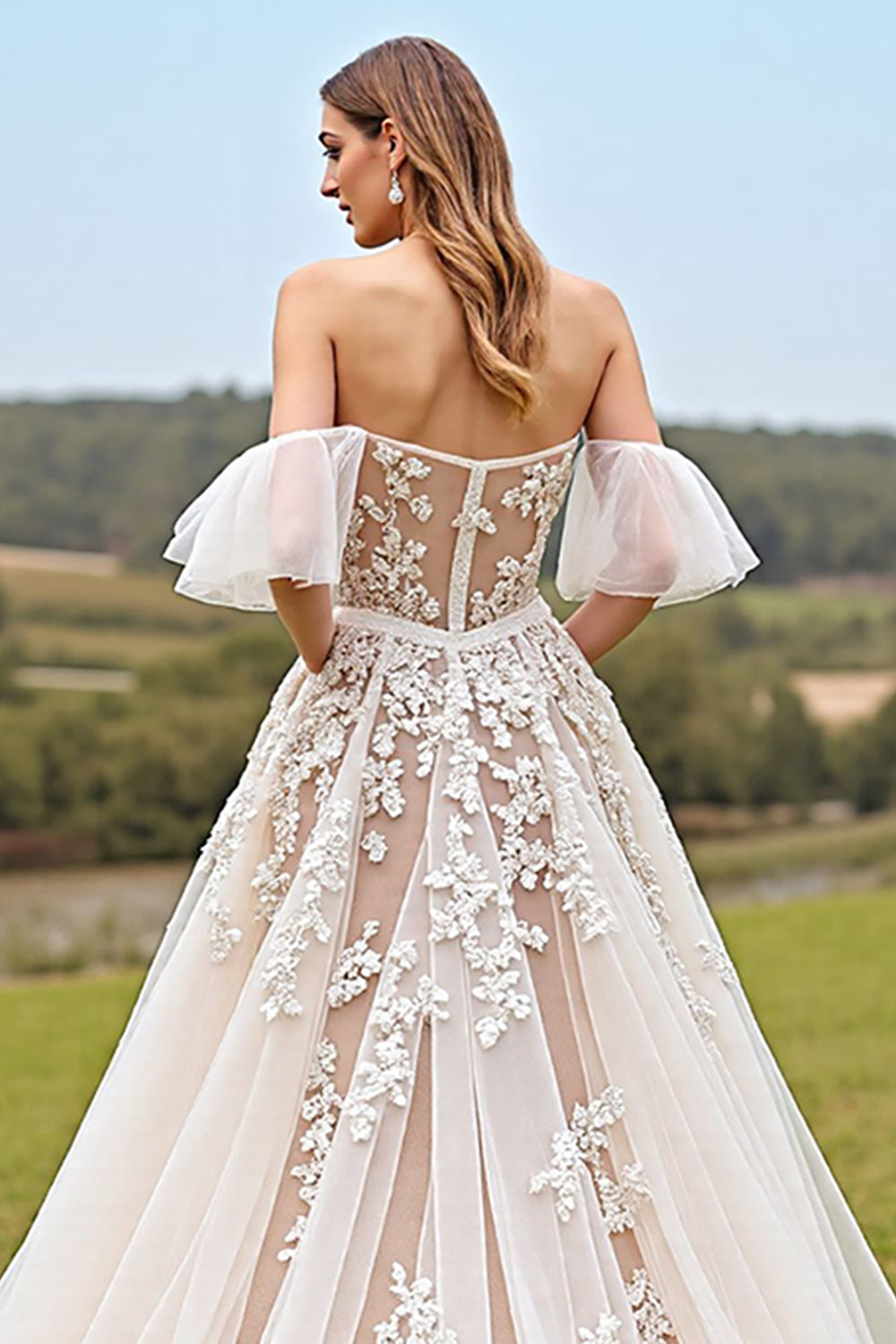 Off The Shoulder Apricot A Line Wedding Dress