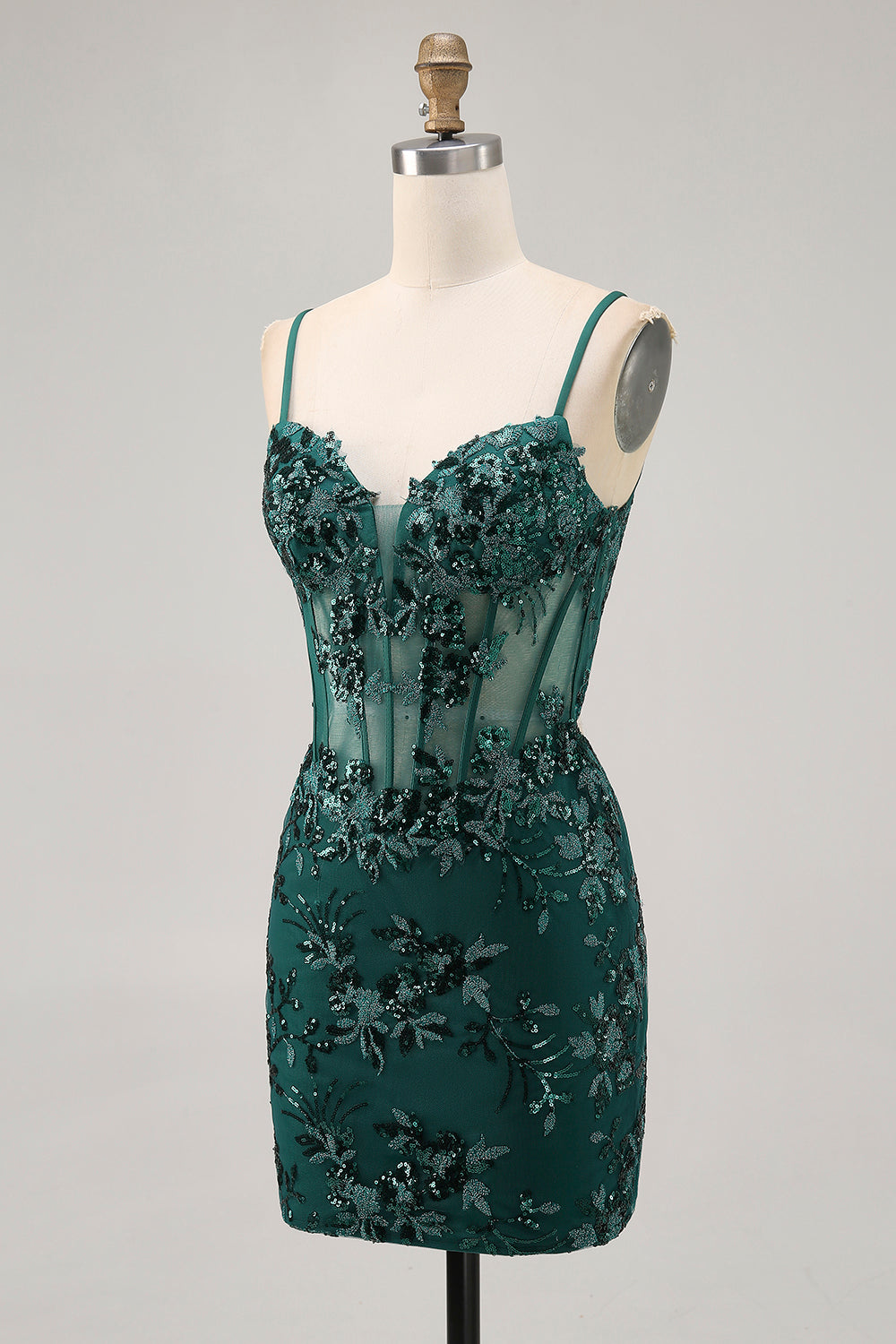 Dark Green Bodycon Backless Sheer Corset Homecoming Dress with Sequins