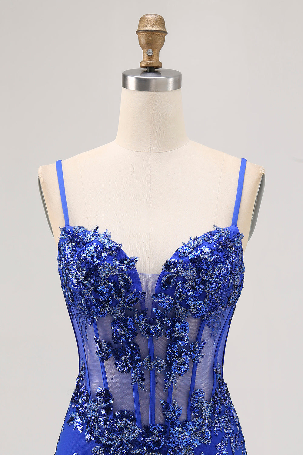 Royal Blue Bodycon Sheer Corset Short Homecoming Dress with Sequins