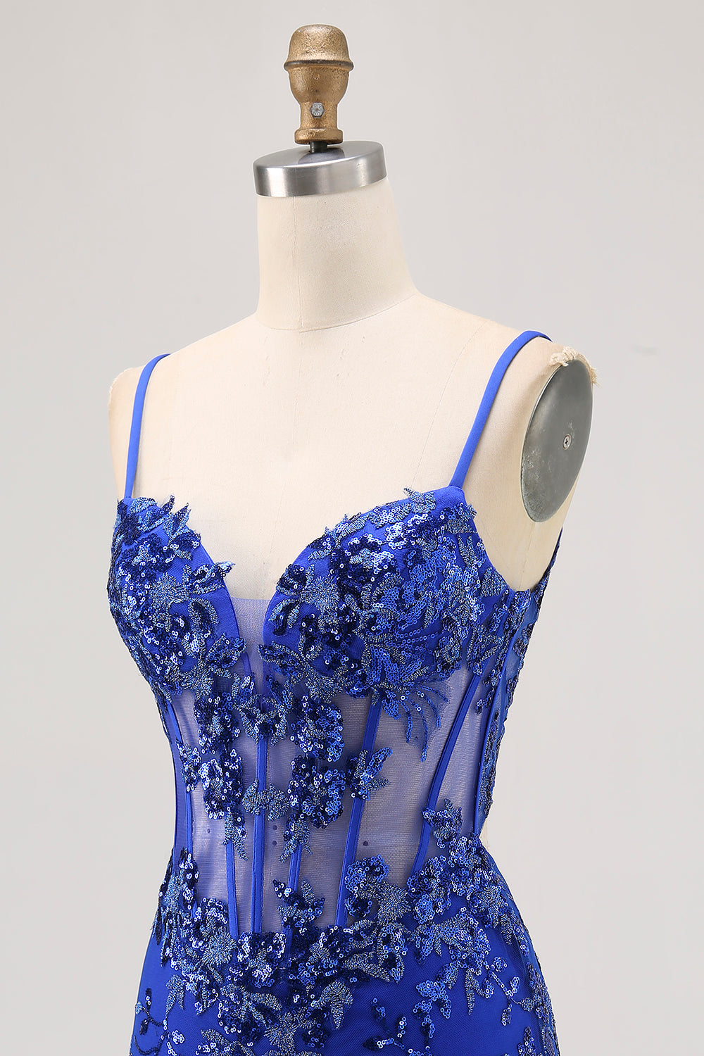 Royal Blue Bodycon Sheer Corset Short Homecoming Dress with Sequins