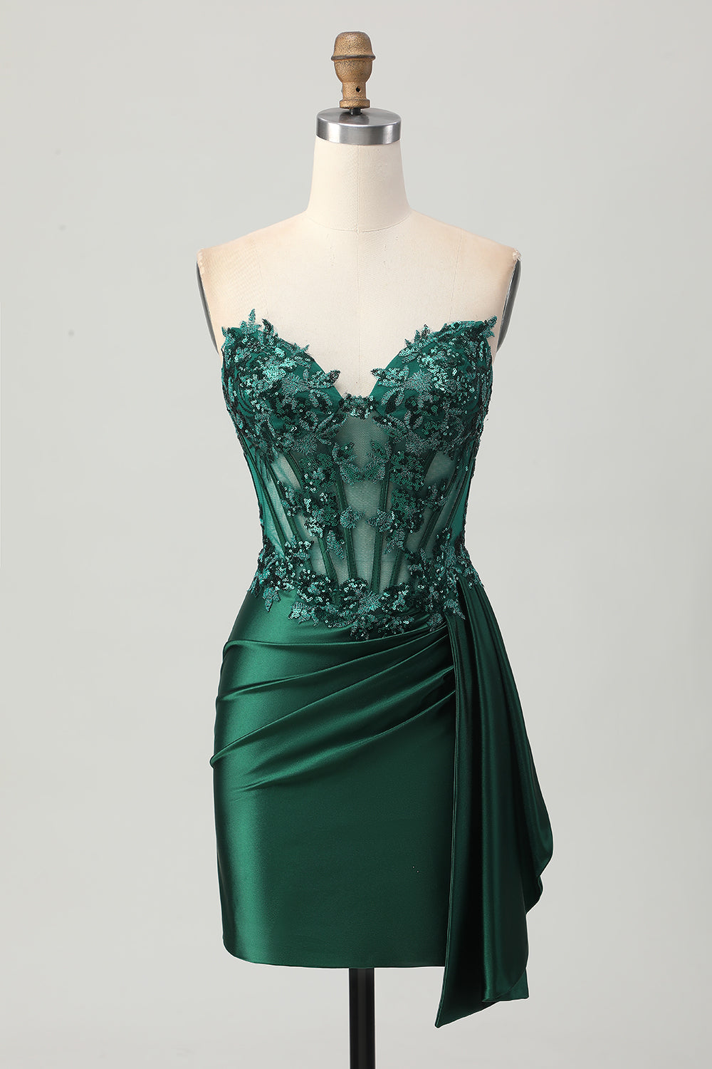 Sparkly Strapless Dark Green Corset Sequins Bodycon Homecoming Dress with Streamer