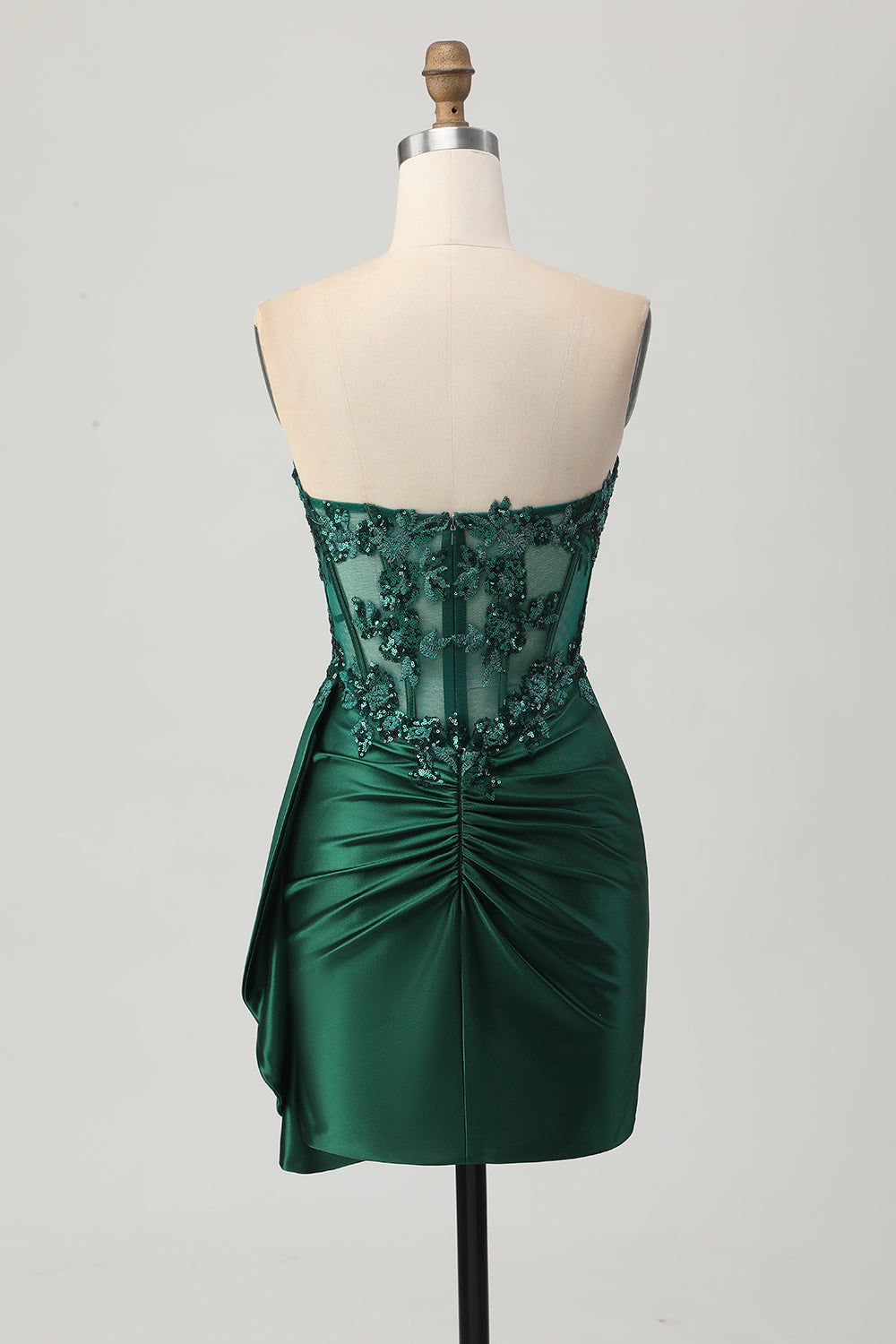 Sparkly Strapless Dark Green Corset Sequins Bodycon Homecoming Dress with Streamer