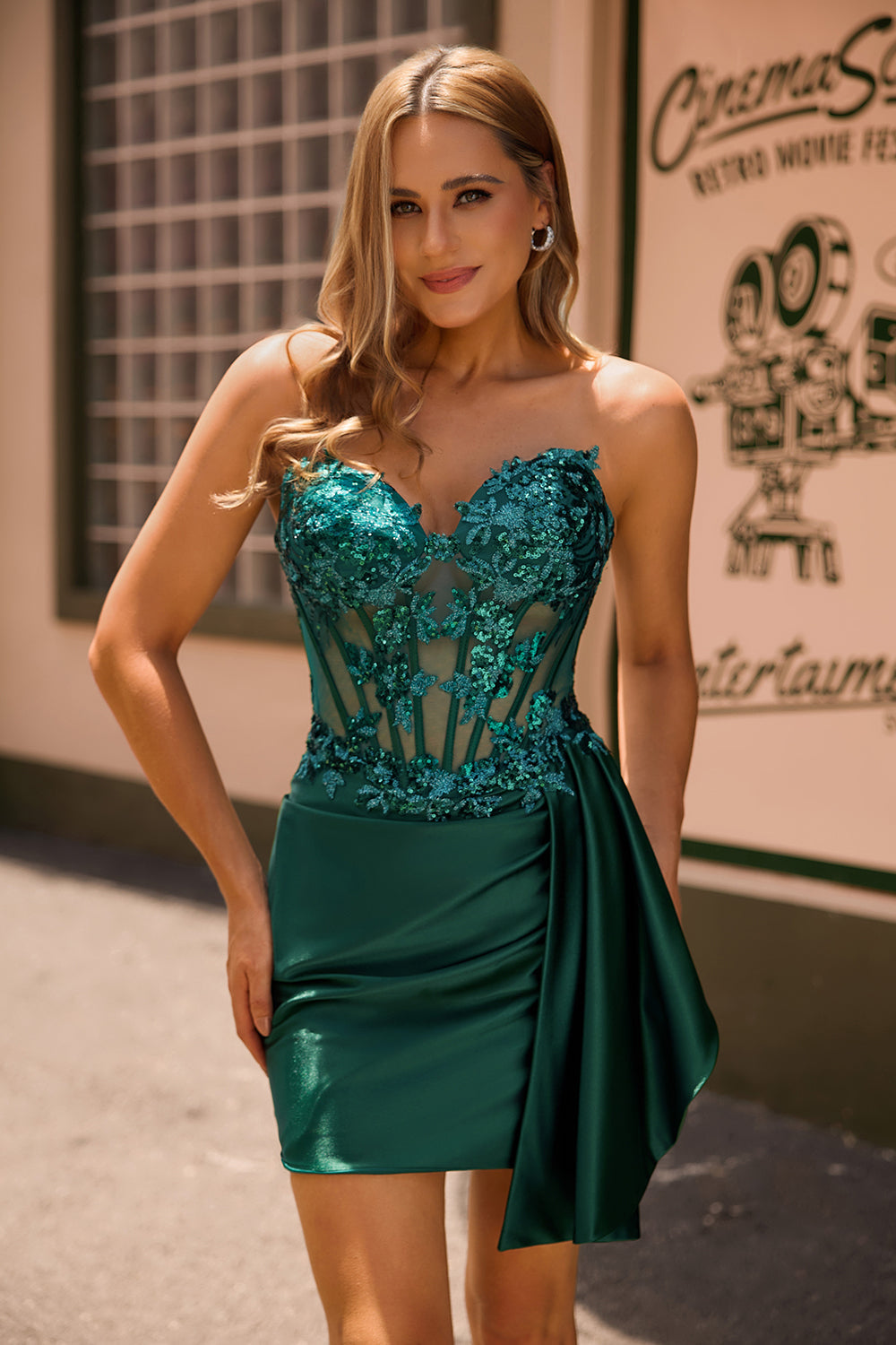 Sparkly Strapless Dark Green Corset Sequins Bodycon Homecoming Dress with Streamer