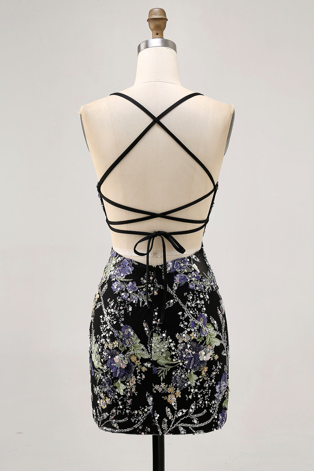Sparkly Bodycon Spaghetti Straps Sequins Floral Short Homecoming Dress with Lace Up Back