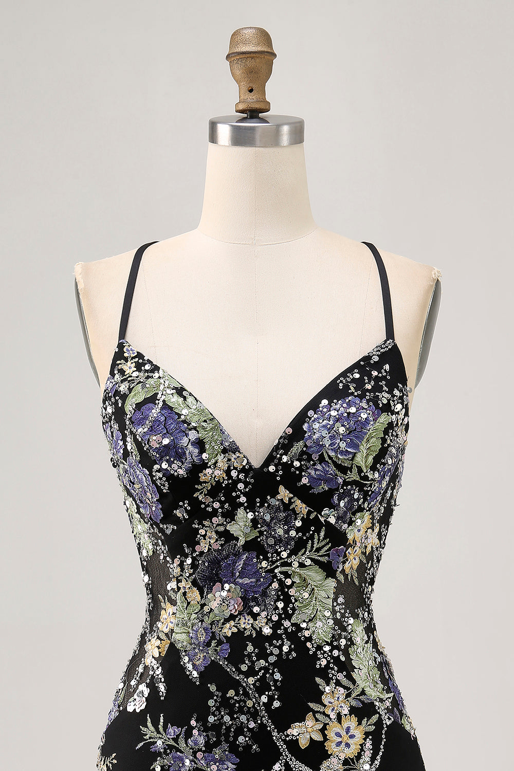 Sparkly Bodycon Spaghetti Straps Sequins Floral Short Homecoming Dress with Lace Up Back