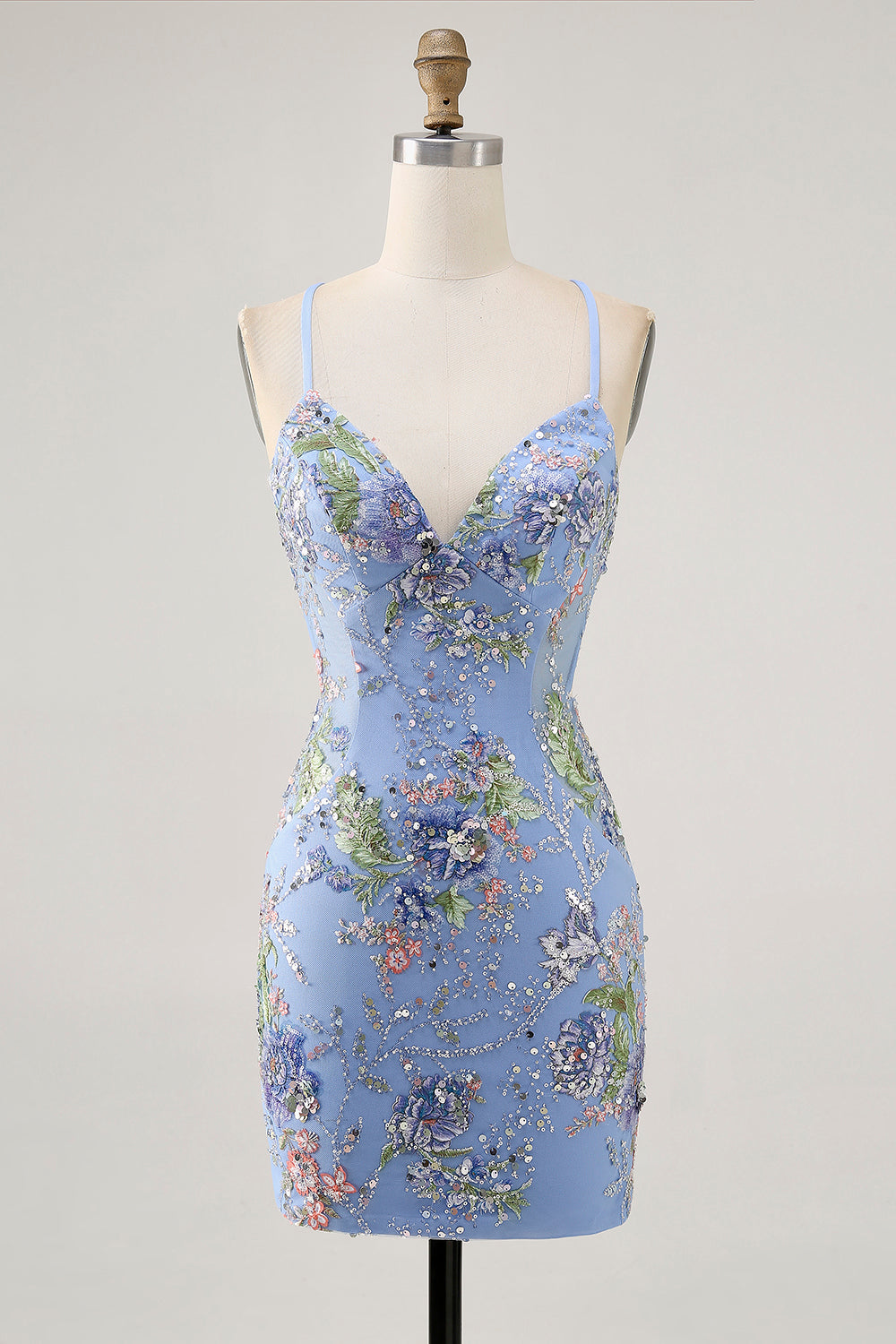 Sparkly Bodycon Spaghetti Straps Sequins Floral Short Homecoming Dress with Lace Up Back