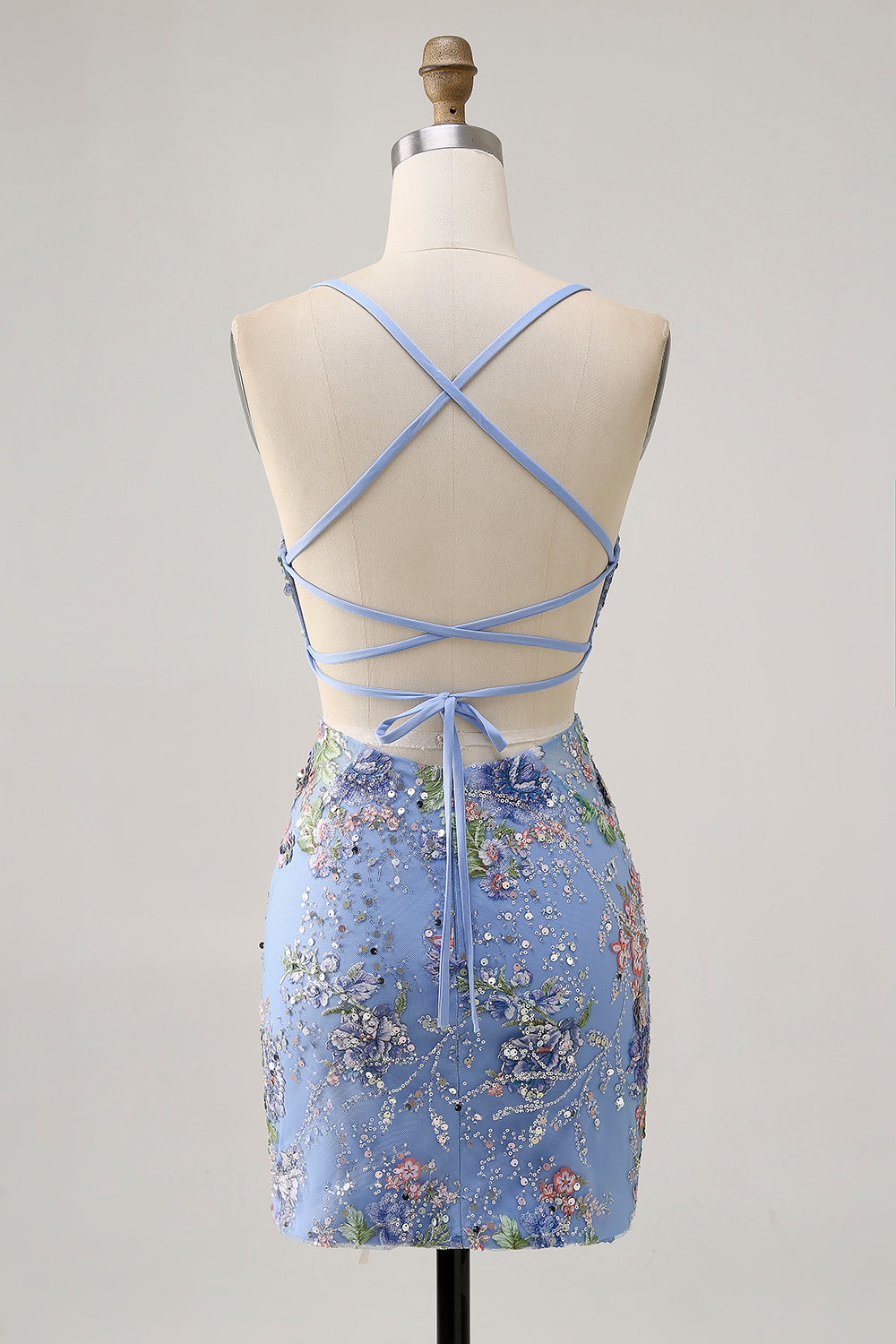 Sparkly Bodycon Spaghetti Straps Sequins Floral Short Homecoming Dress with Lace Up Back