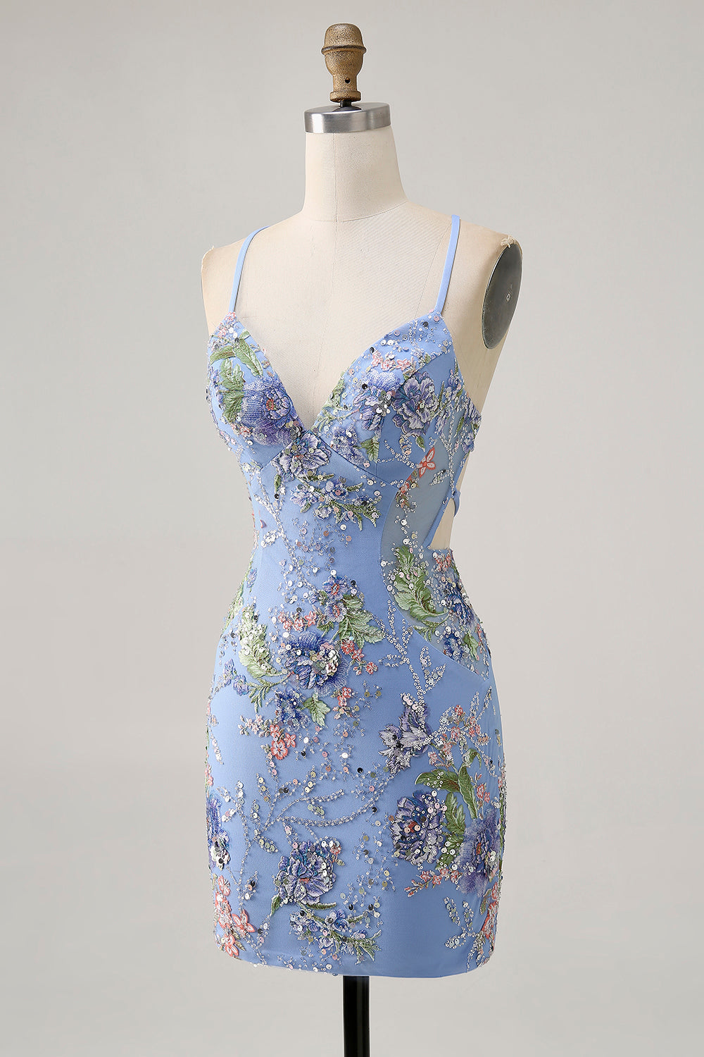 Sparkly Bodycon Spaghetti Straps Sequins Floral Short Homecoming Dress with Lace Up Back