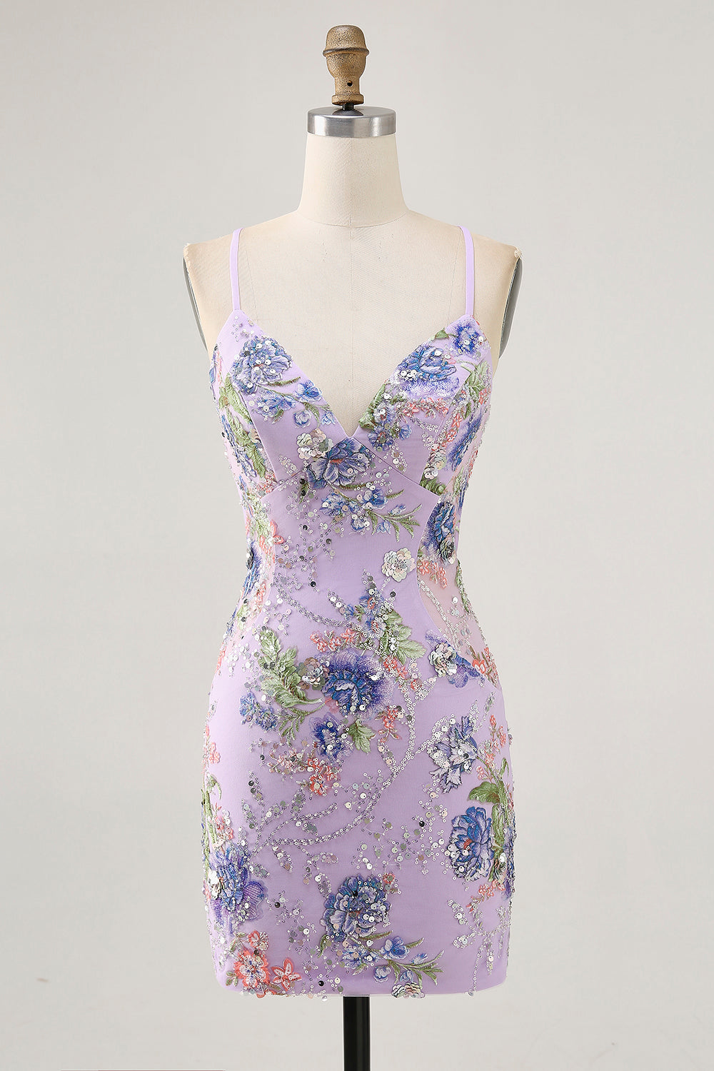 Sparkly Bodycon Spaghetti Straps Sequins Floral Short Homecoming Dress with Lace Up Back