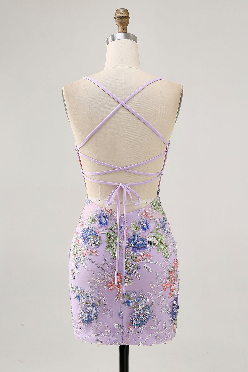 Sparkly Bodycon Spaghetti Straps Sequins Floral Short Homecoming Dress with Lace Up Back