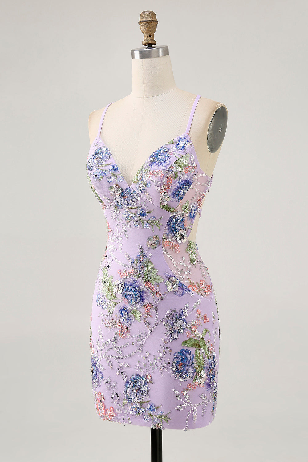 Sparkly Bodycon Spaghetti Straps Sequins Floral Short Homecoming Dress with Lace Up Back