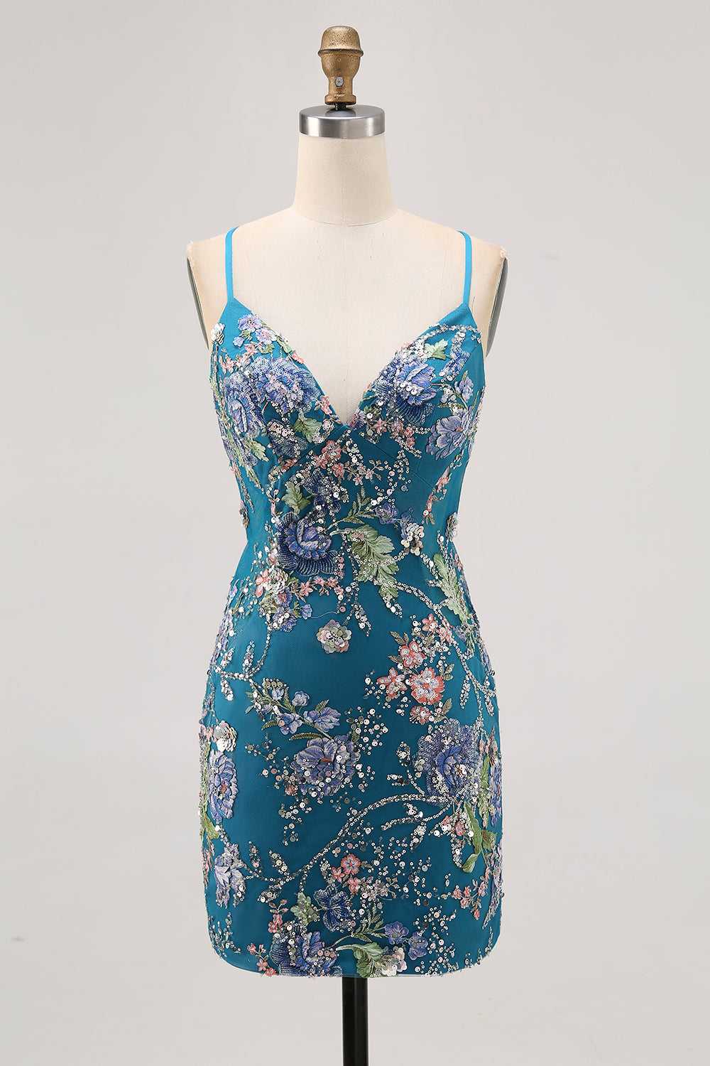 Sparkly Bodycon Spaghetti Straps Sequins Floral Short Homecoming Dress with Lace Up Back