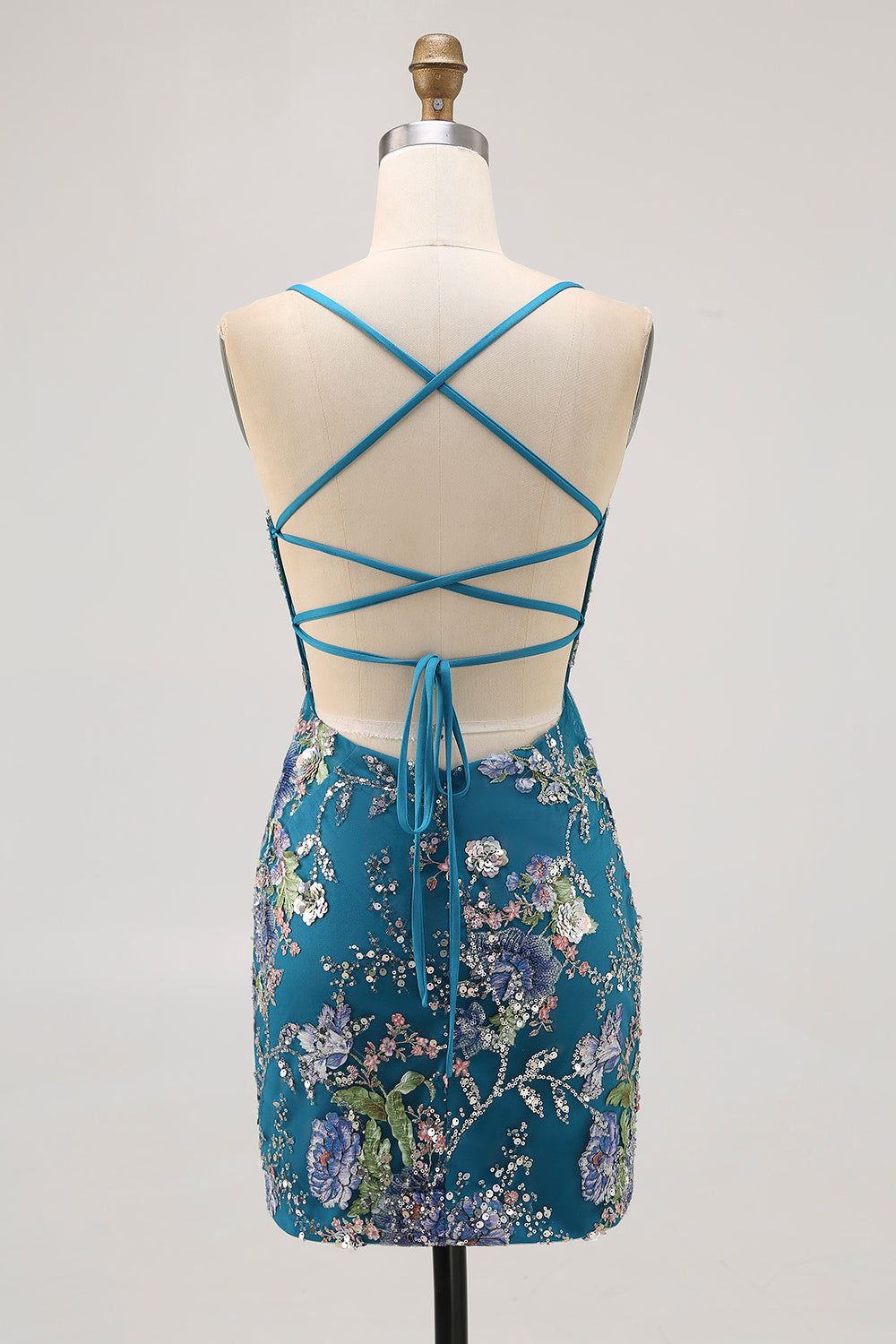 Sparkly Bodycon Spaghetti Straps Sequins Floral Short Homecoming Dress with Lace Up Back