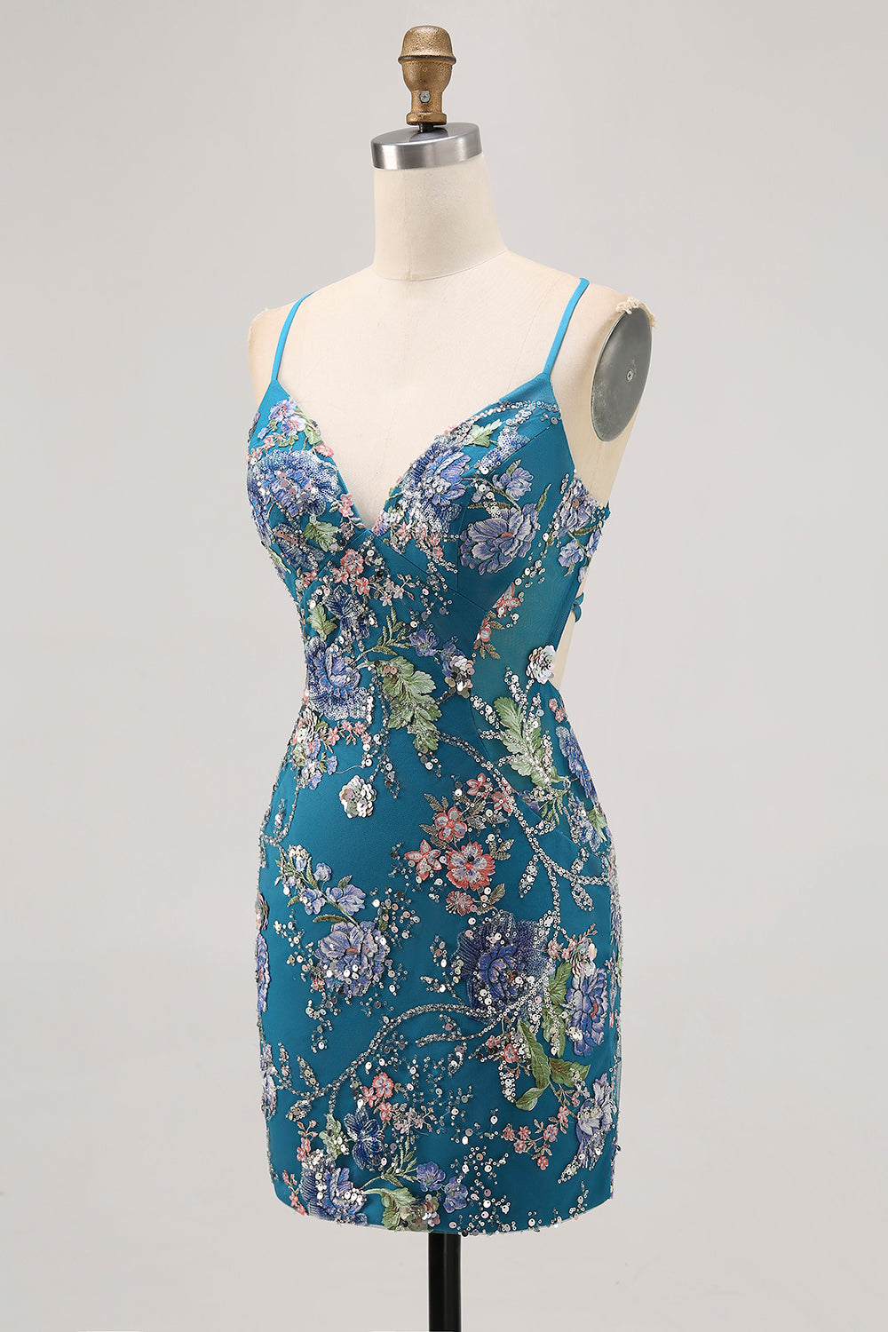 Sparkly Bodycon Spaghetti Straps Sequins Floral Short Homecoming Dress with Lace Up Back