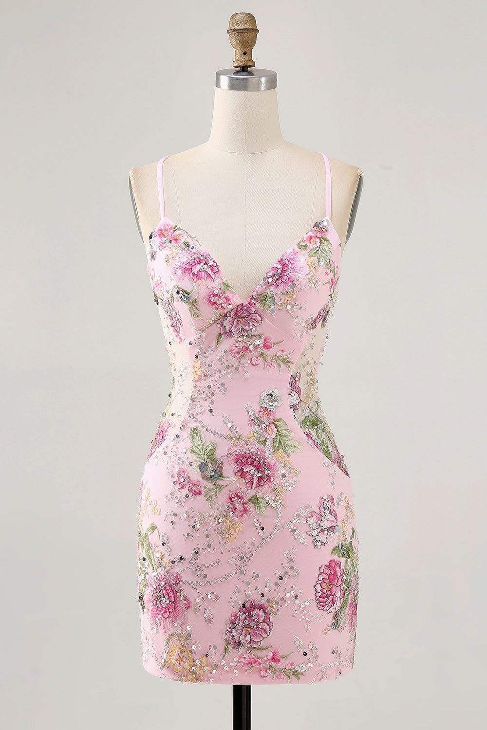 Sparkly Bodycon Spaghetti Straps Sequins Floral Short Homecoming Dress with Lace Up Back