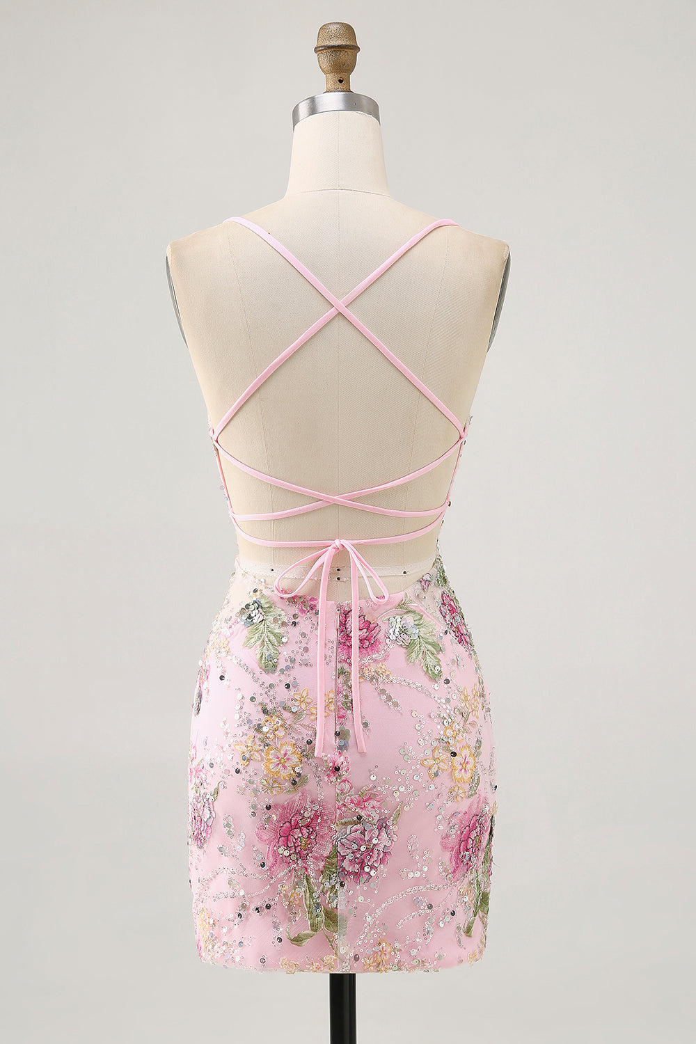 Sparkly Bodycon Spaghetti Straps Sequins Floral Short Homecoming Dress with Lace Up Back