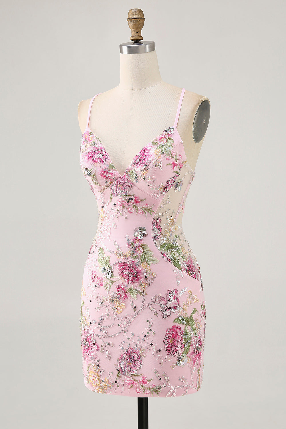 Sparkly Bodycon Spaghetti Straps Sequins Floral Short Homecoming Dress with Lace Up Back