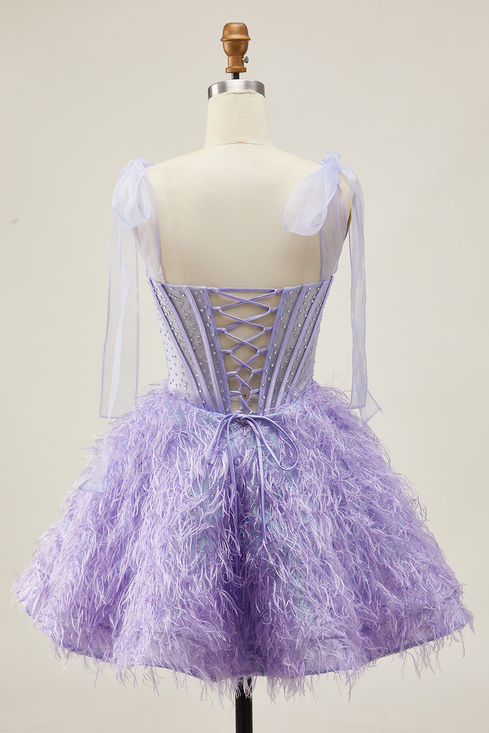 Lilac A-Line Spaghetti Straps Corset Beaded Short Homecoming Dress with Feathers