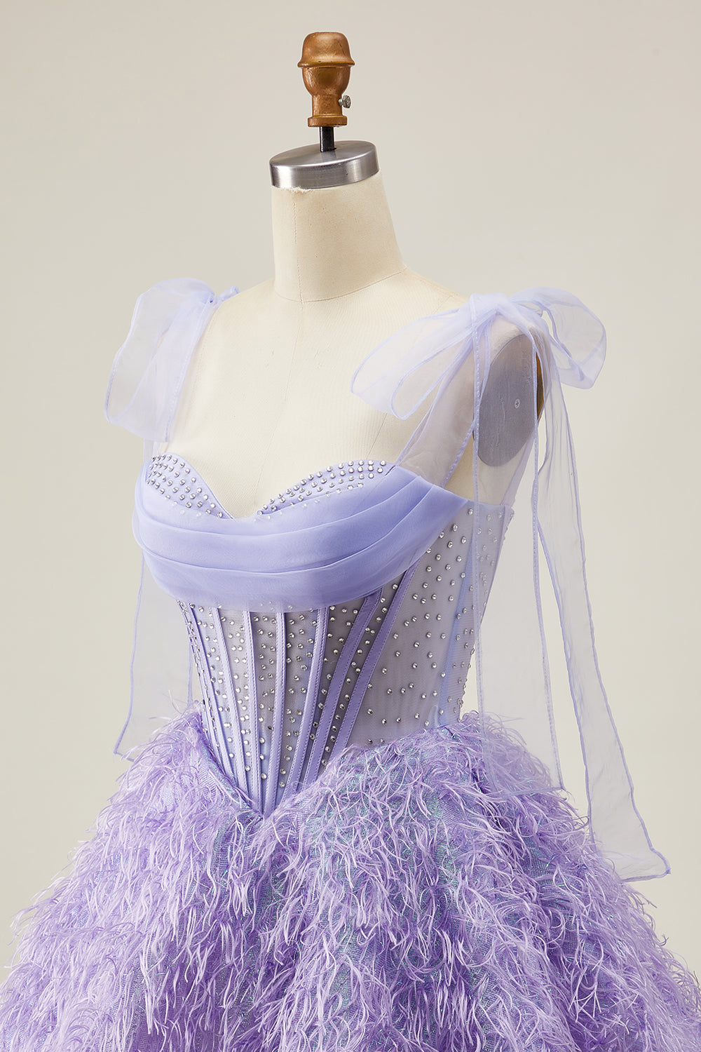 Lilac A-Line Spaghetti Straps Corset Beaded Short Homecoming Dress with Feathers