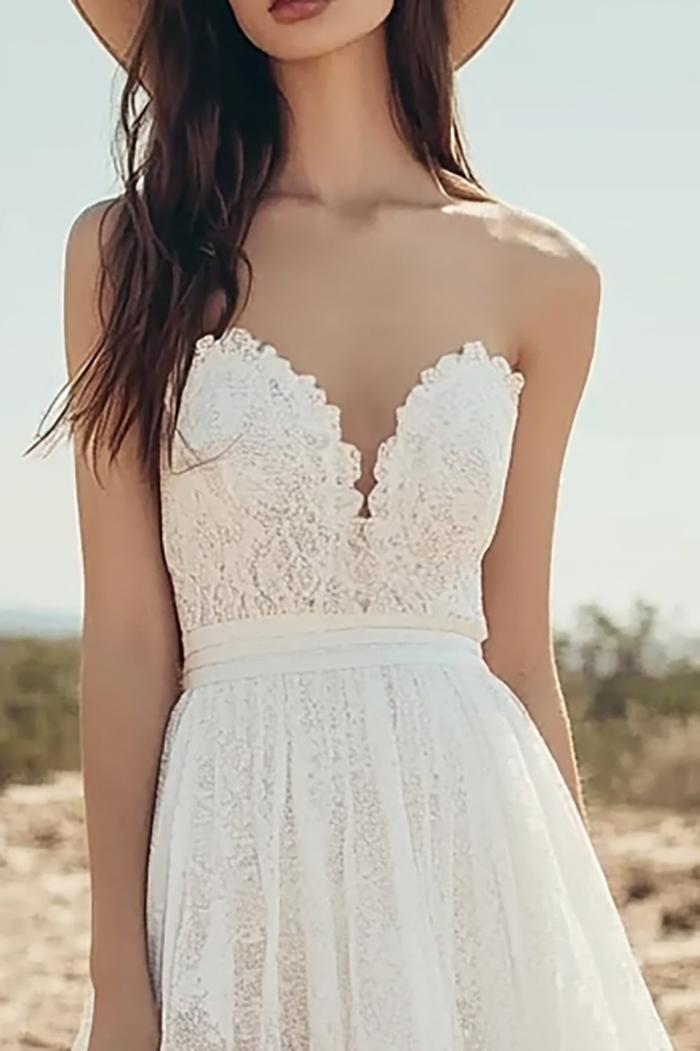 A Line Ivory Strapless Lace Long Engagement Dress