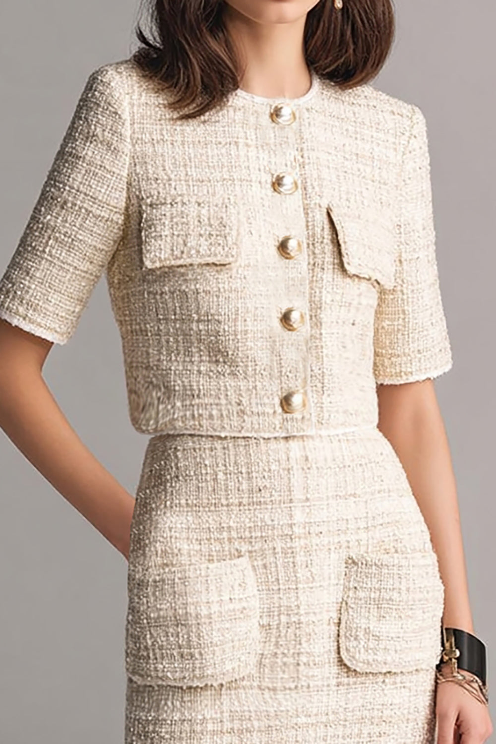 Ivory 2-Piece Bodycon Round Neck Knee-Length Work Dress with Pockets