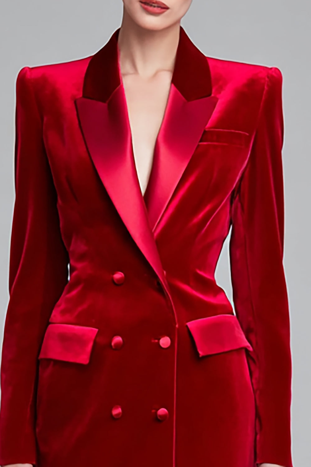Red Velvet Bodycon Peak Lapel Midi Work Dress