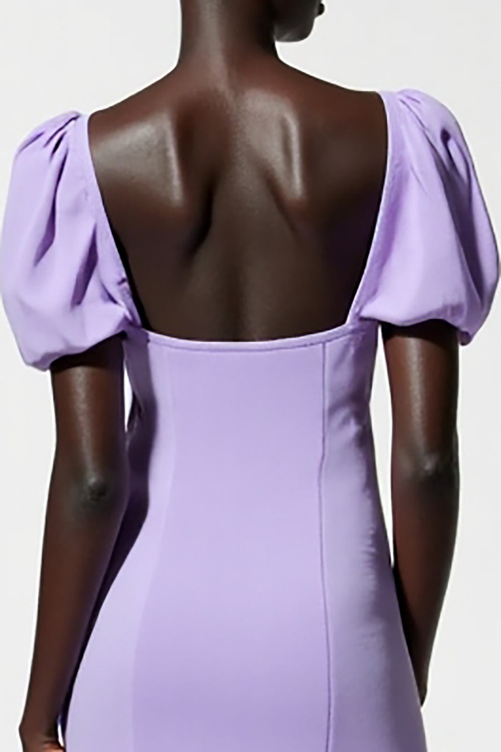 Purple A Line Puff Sleeve Midi Wedding Guest Dress