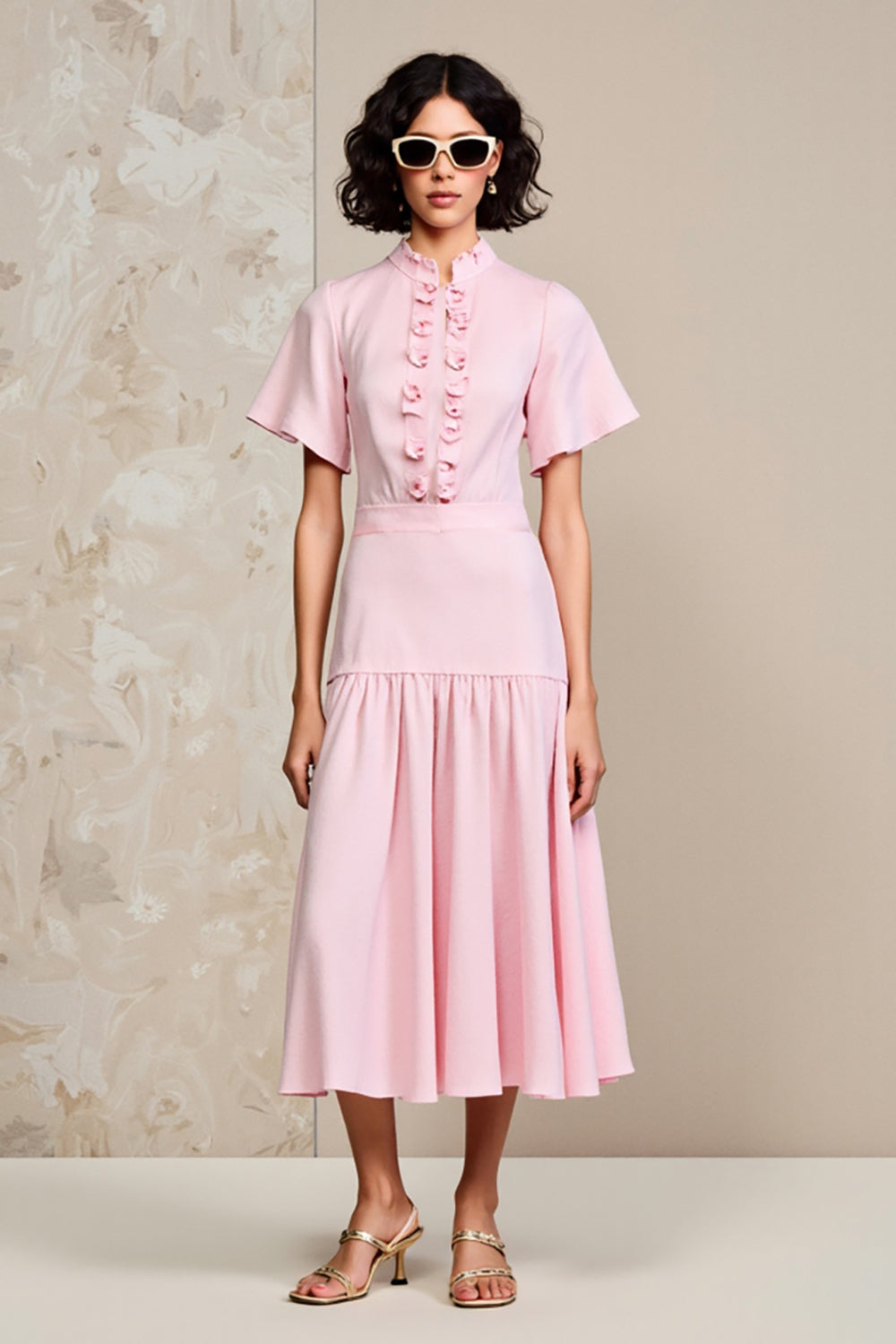 A Line Pink Short Sleeve Wedding Guest Dress