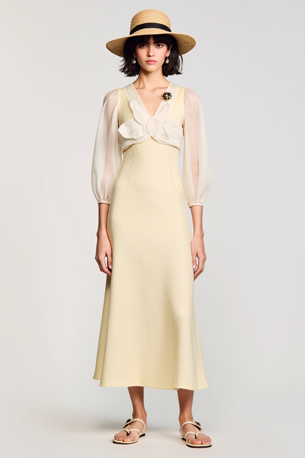 A Line Light Yellow V Neck Long Wedding Guest Dress