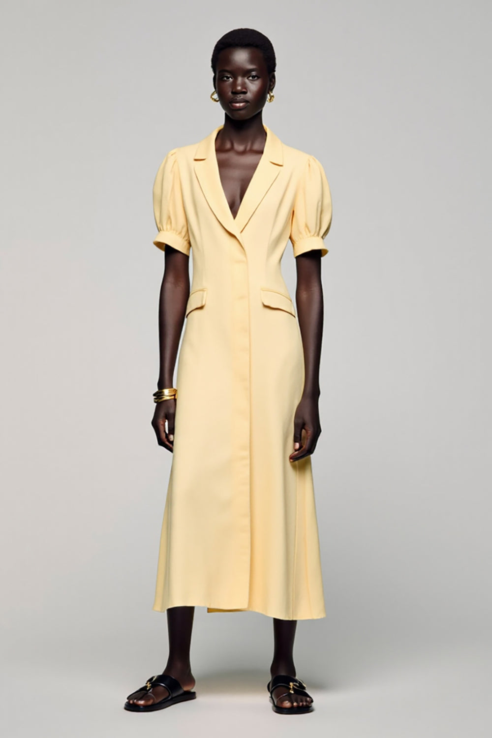 Yellow Notched Lapel Satin Midi Work Dress with Short Sleeves
