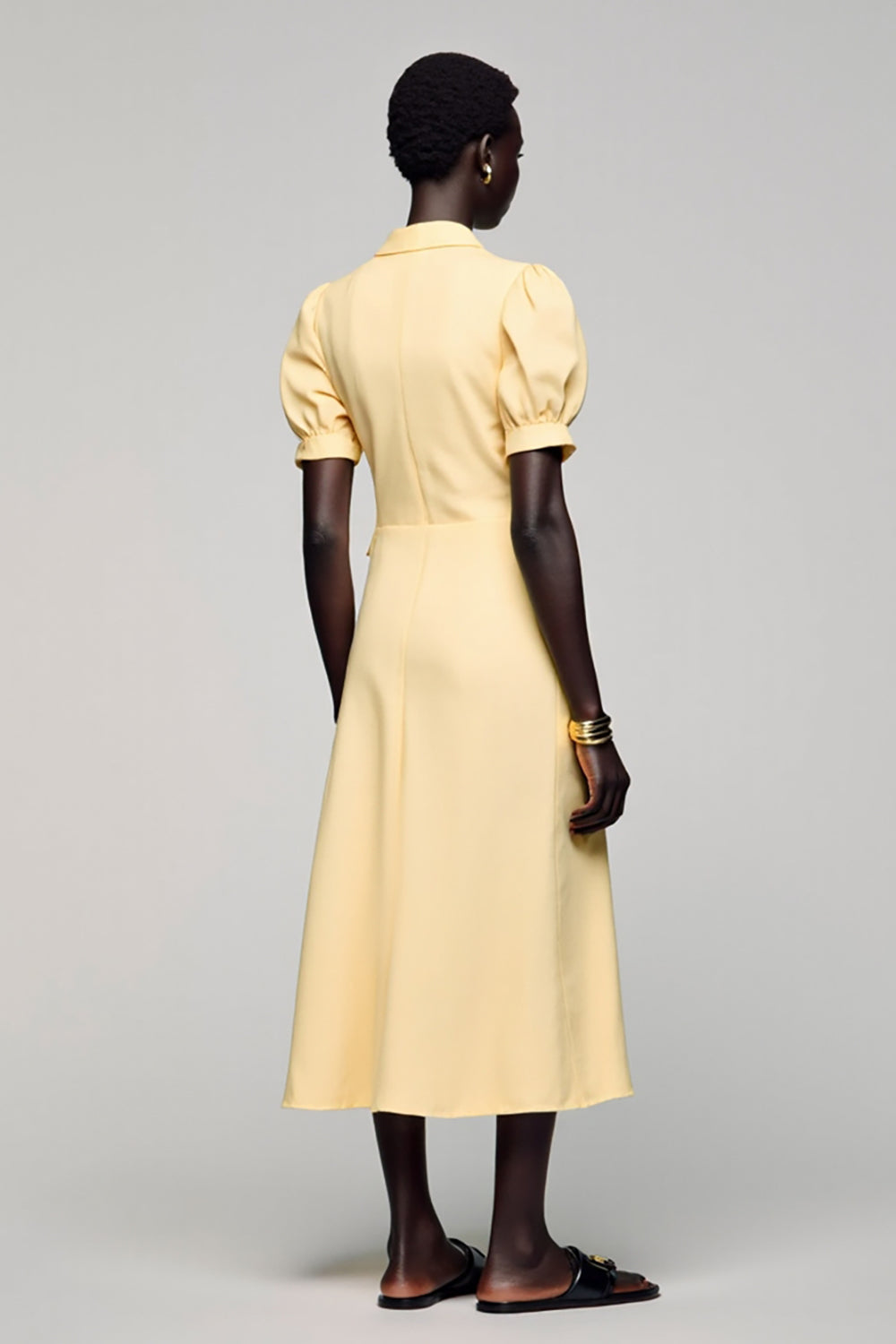 Yellow Notched Lapel Satin Midi Work Dress with Short Sleeves