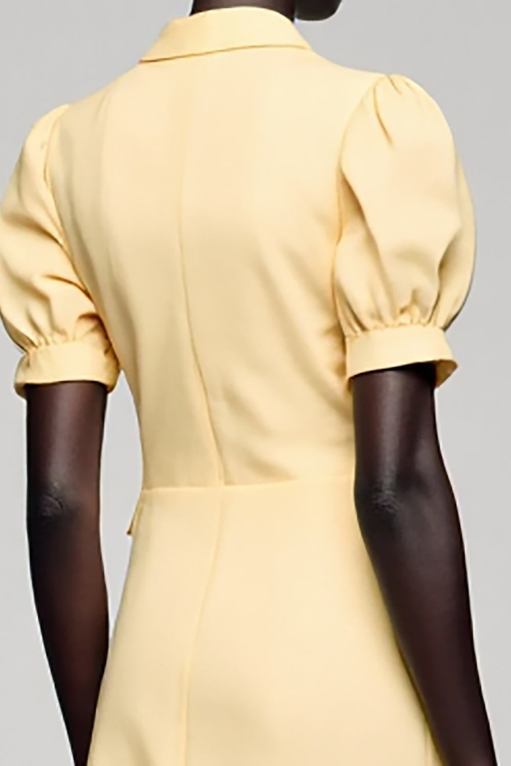 Yellow Notched Lapel Satin Midi Work Dress with Short Sleeves