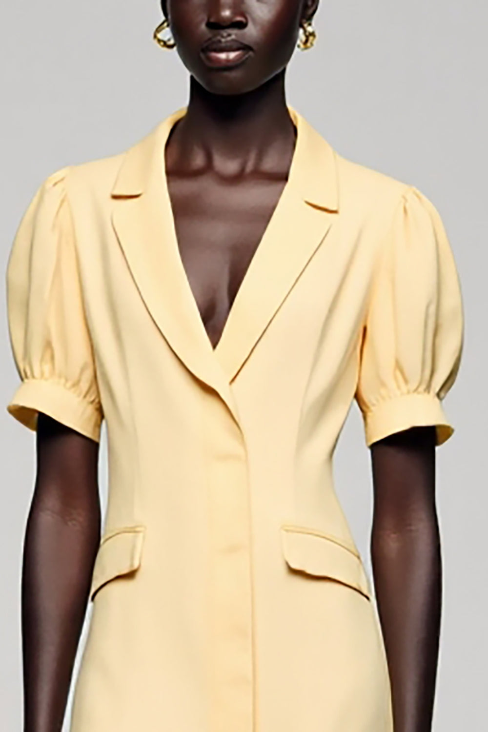 Yellow Notched Lapel Satin Midi Work Dress with Short Sleeves