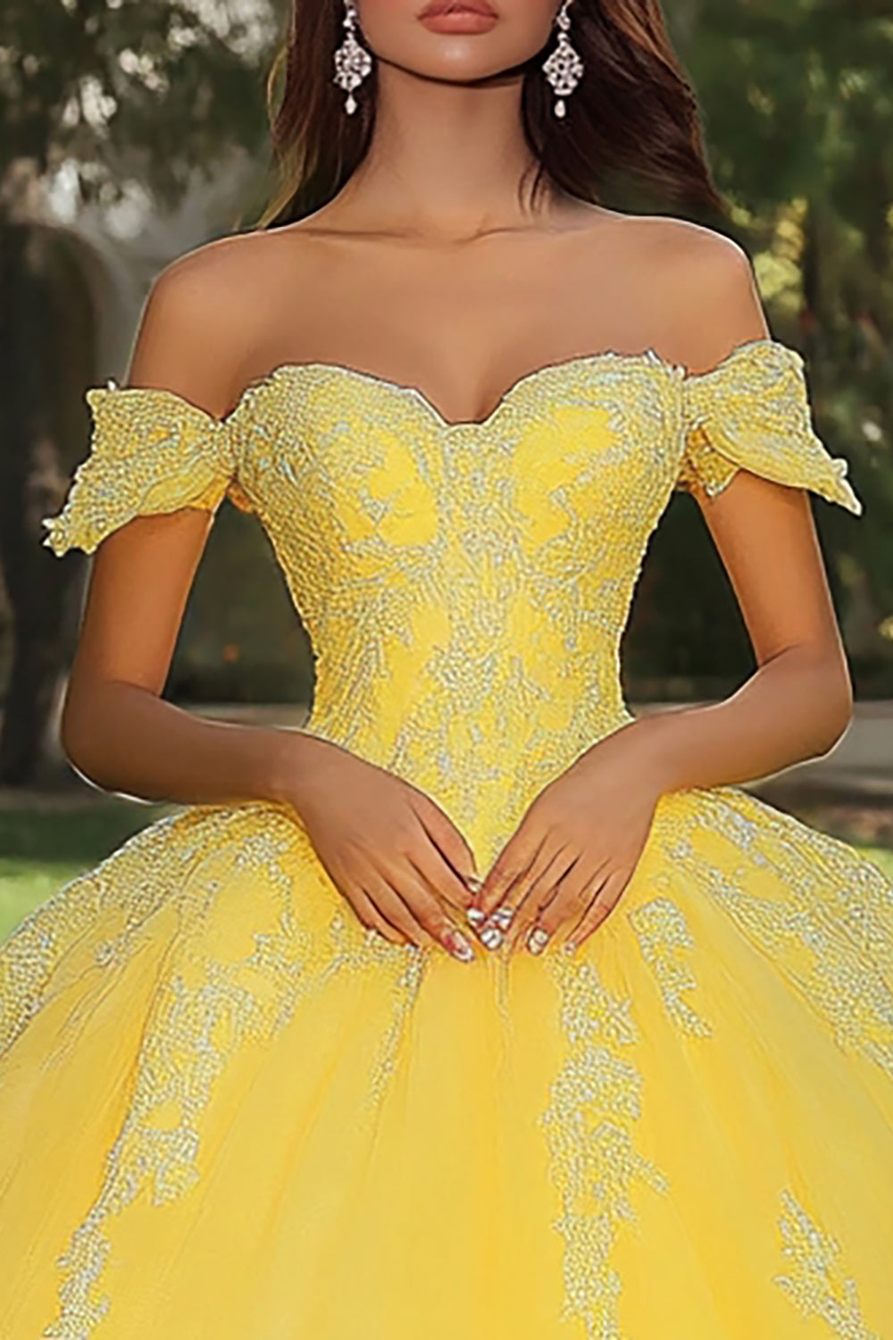 Yellow Tulle Ball Gown Off the Shoulder Long Quinceanera Dress with Lace