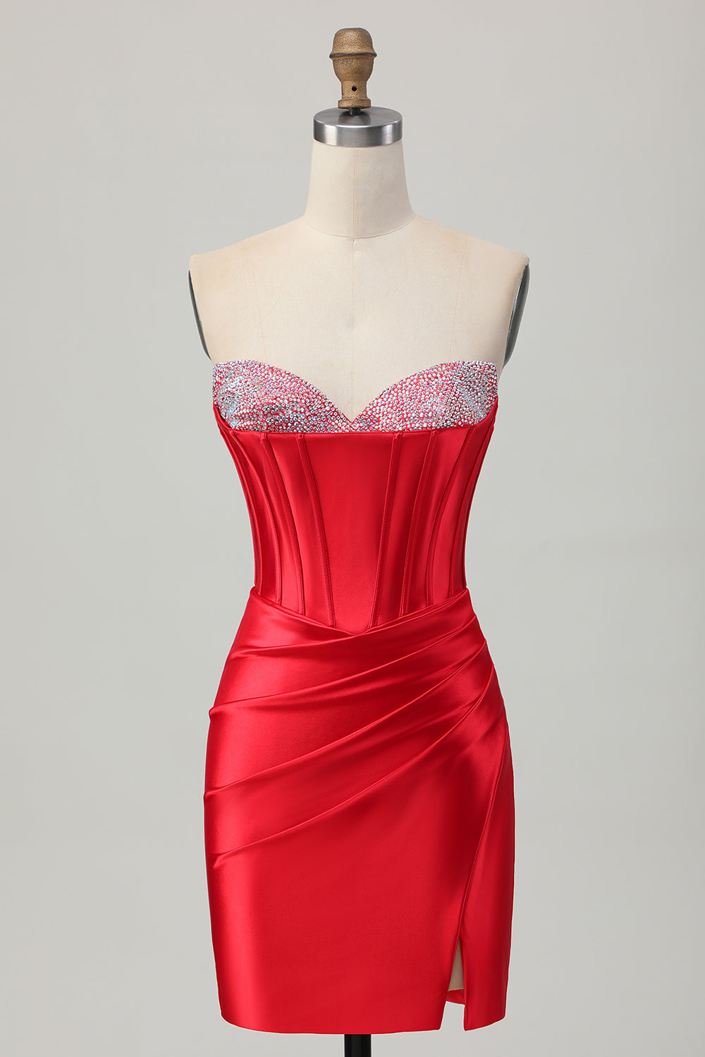 Strapless Red Bodycon Beaded Corset Homecoming Dress with Slit