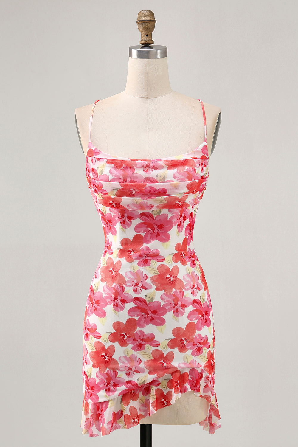 Red Floral Bodycon Spaghetti Straps Printed Mini Homecoming Dress