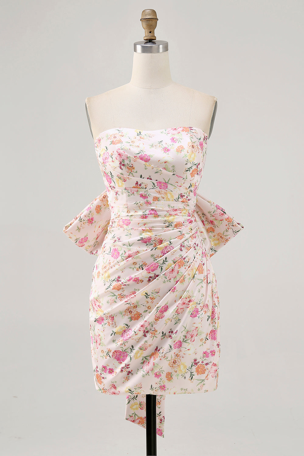 Strapless Bodycon Pink Flower Homecoming Dress with Bow