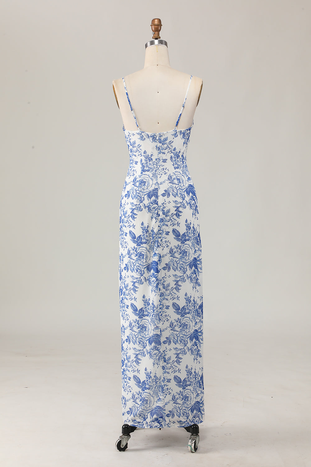 Printed Sheath White Blue Flower Long Wedding Guest Dress