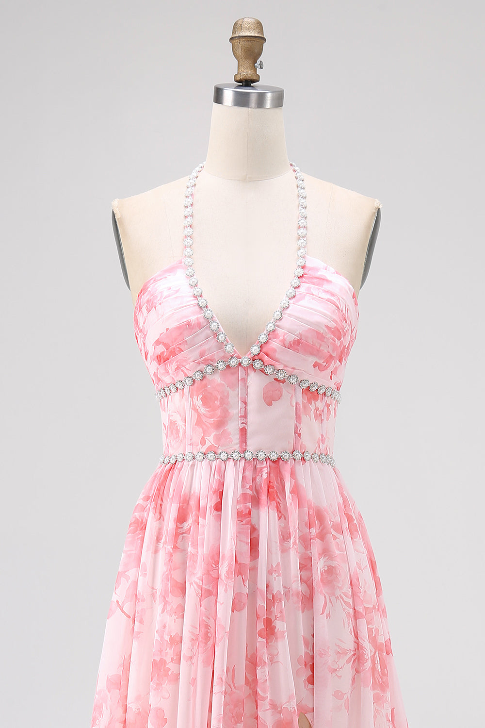 Blush Beaded Halter Printed Floral Wedding Guest Dress with Slit