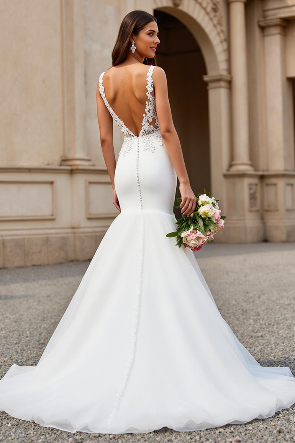 V-Neck Organza Mermaid Ivory Wedding Dress with Lace Appliques