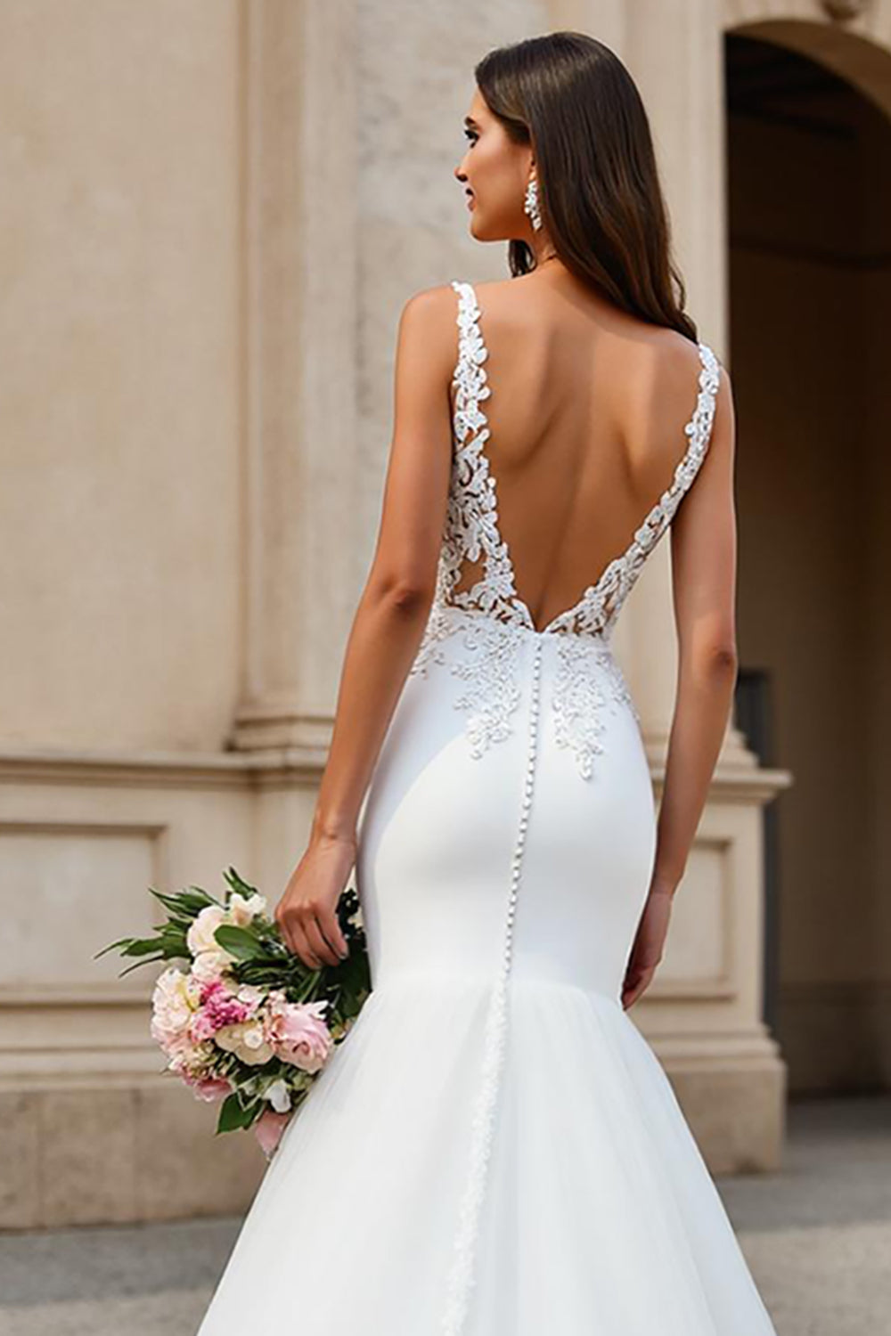 V-Neck Organza Mermaid Ivory Wedding Dress with Lace Appliques
