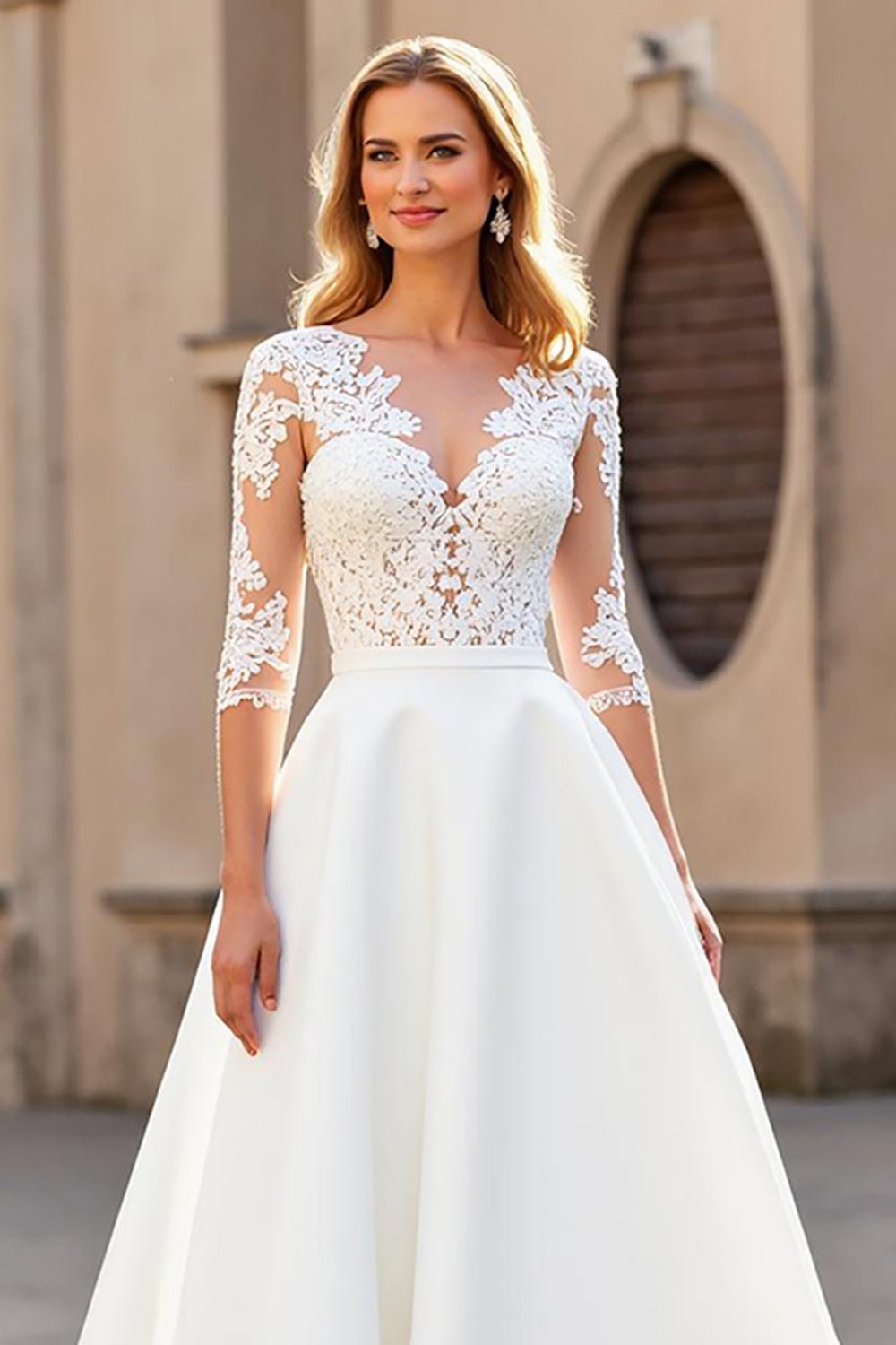 Satin A Line V-Neck Court Train Ivory Wedding Dress with Lace Appliques