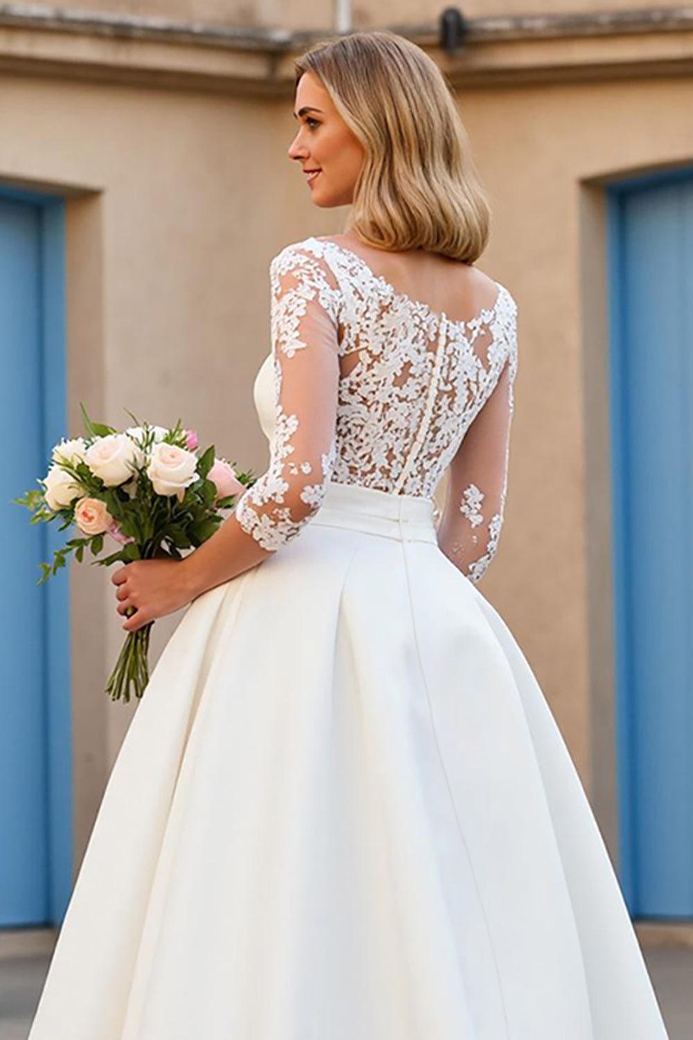 Satin A Line V-Neck Court Train Ivory Wedding Dress with Lace Appliques