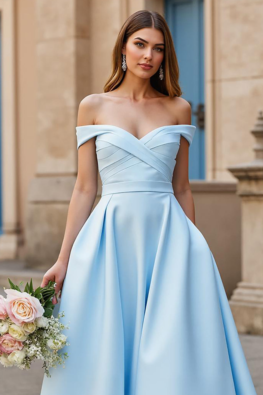Satin A Line Off the Shoulder Court Train Sky Blue Wedding Dress