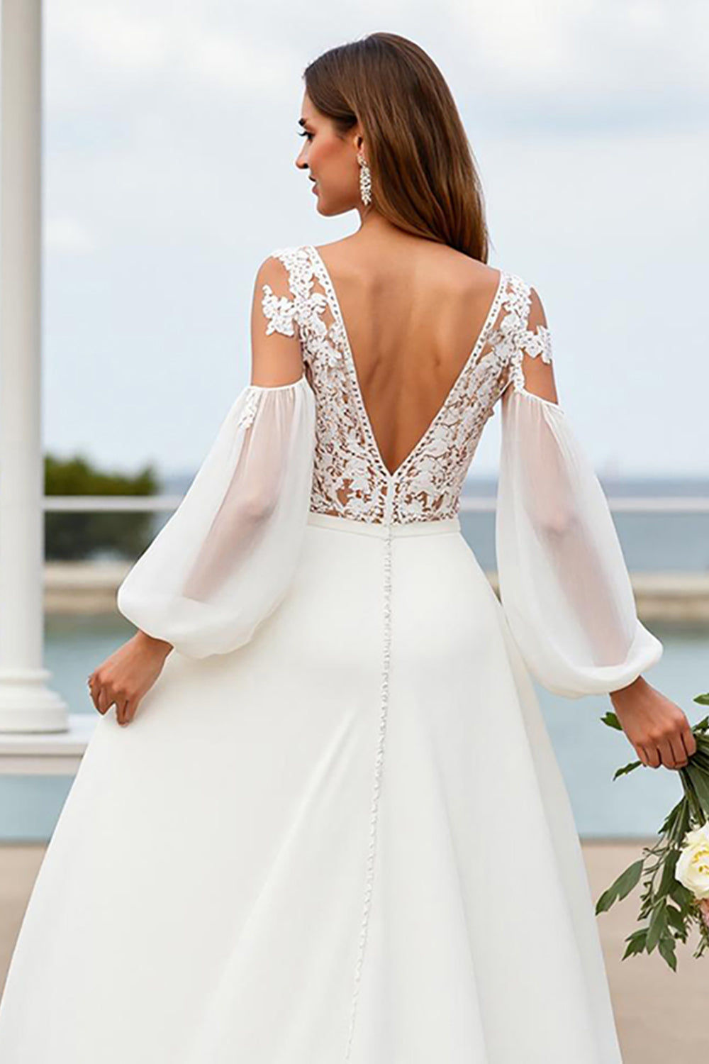 Cold Shoulder Chiffon A Line Ivory Wedding Dress with Lace Appliques