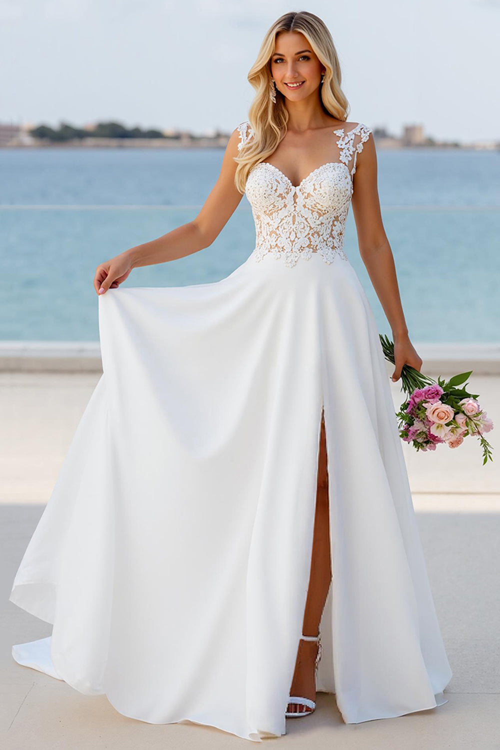 Ivory Court Train Chiffon A Line Sweetheart Wedding Dress with Lace Appliques