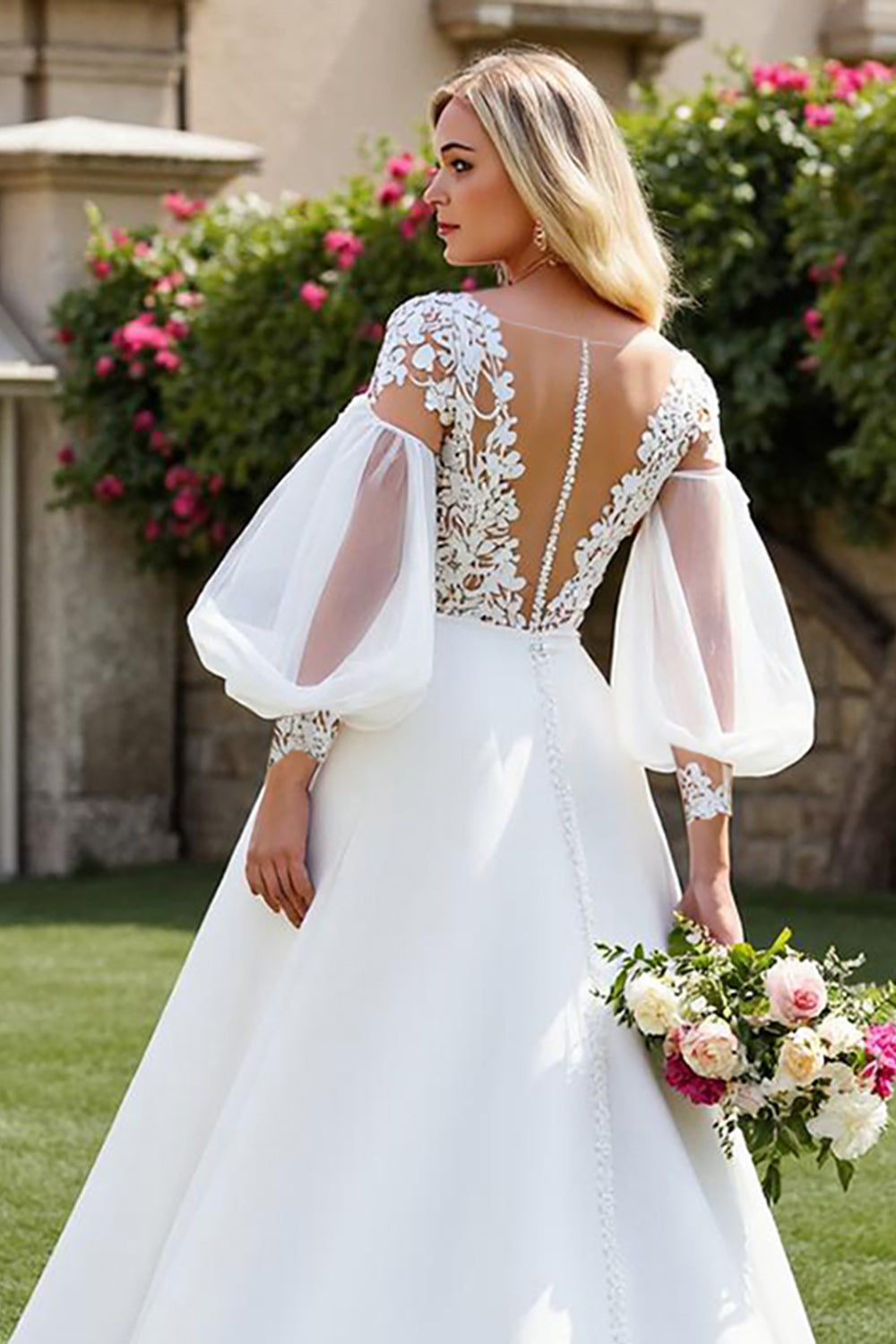 Ivory A Line Court Train Chiffon Wedding Dress with Lace Appliques
