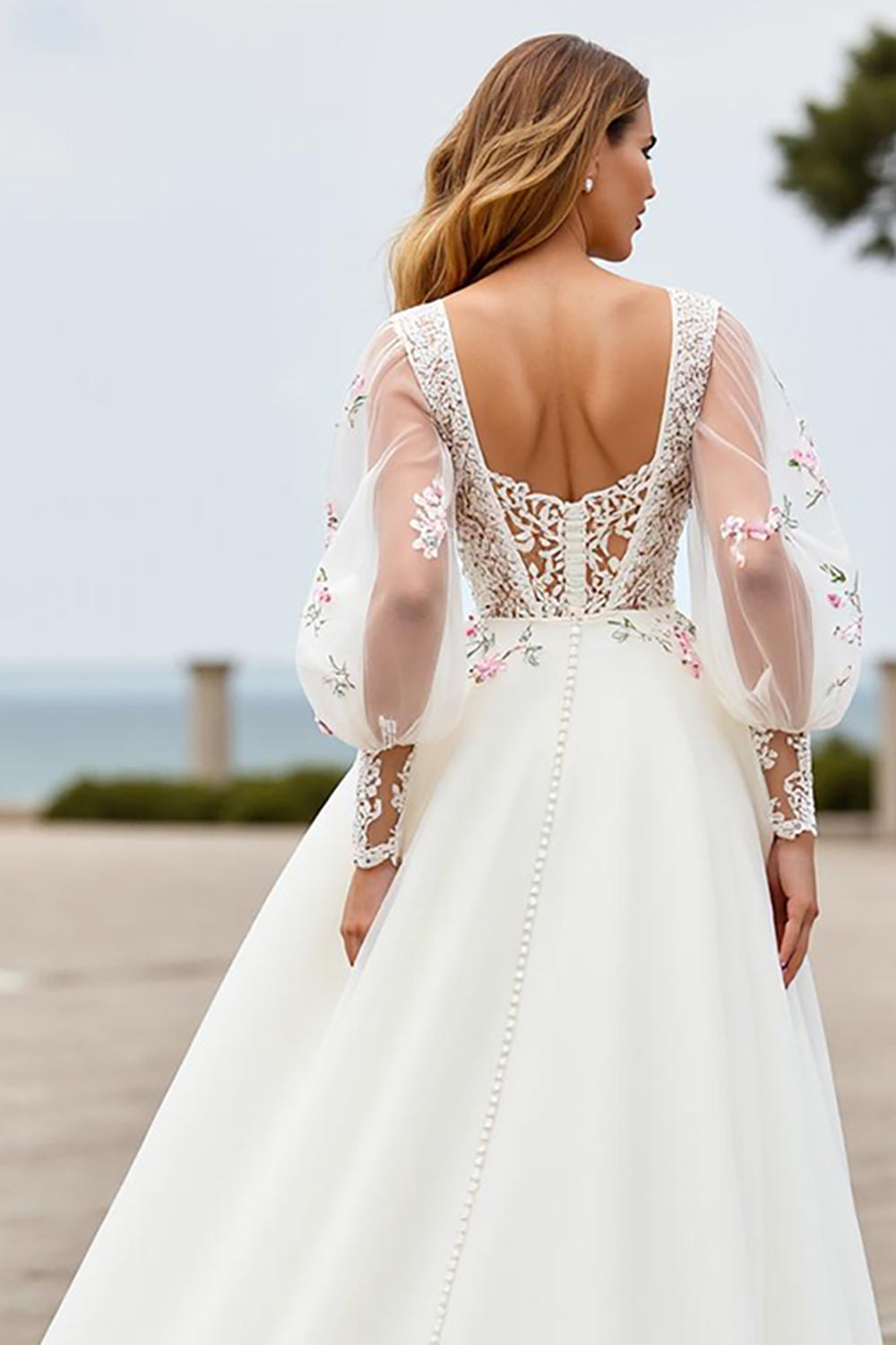 Ivory A Line Court Train Wedding Dress with Lace Appliques